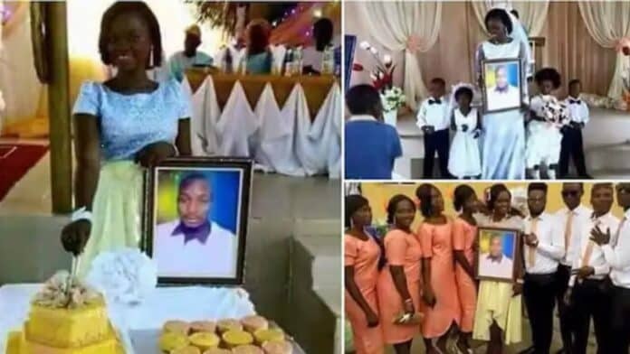 A bride marries a photo of her groom, who couldn’t attend the wedding due to being busy abroad.