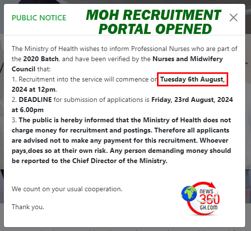 Ghana Ministry of Health Announces 2024 Recruitment