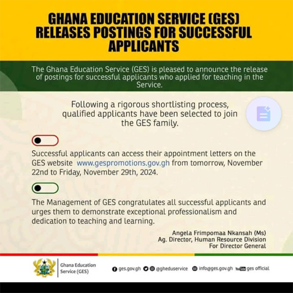 Ghana Education Service (GES) Releases Postings for Successful Applicants